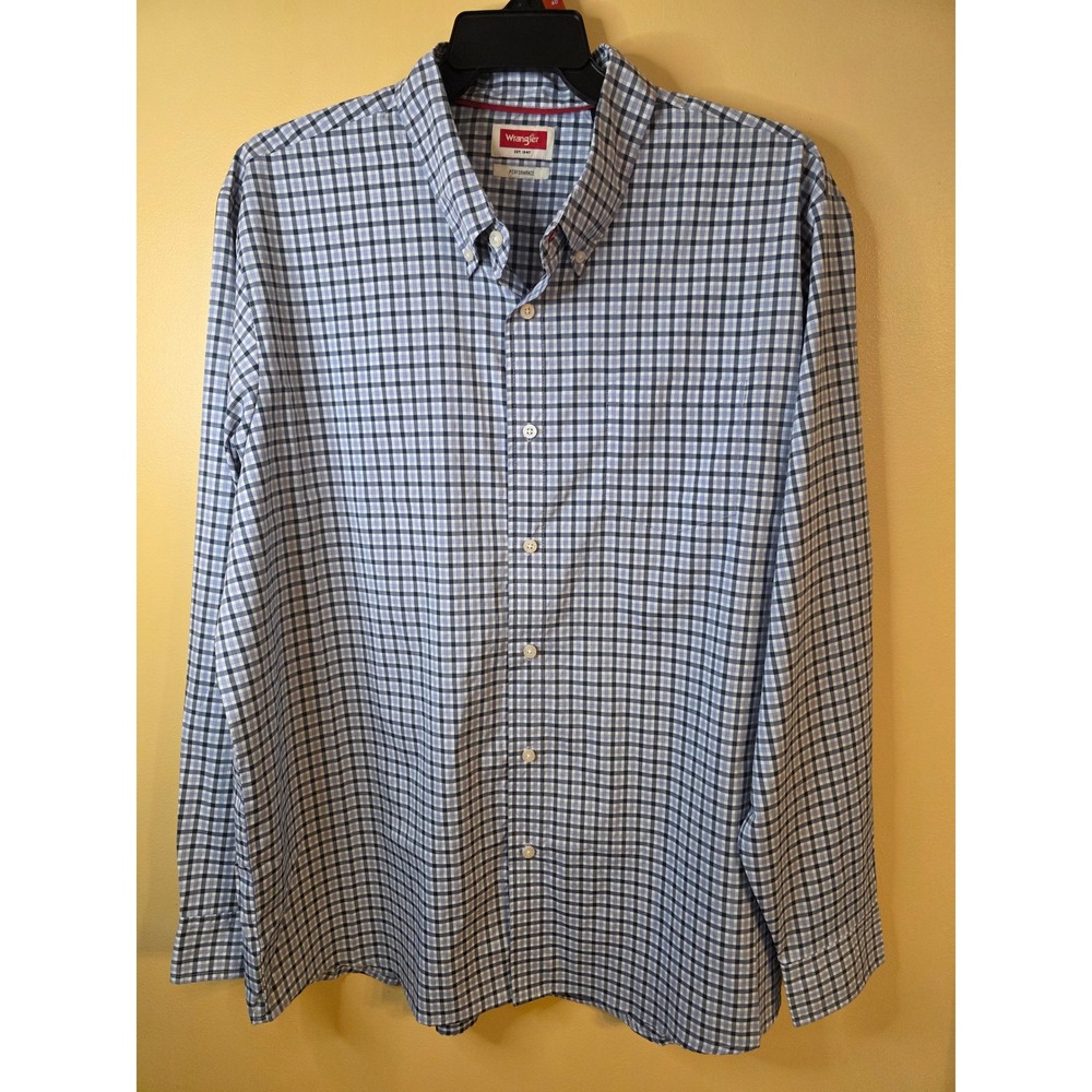 Wrangler Performance Mens 2XL Blue Plaid Long Sleeve Button Down Shirt Stretch